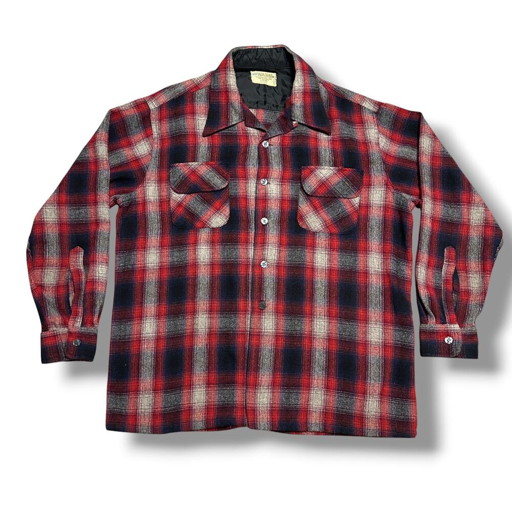 Vintage 70s JC Penney Wool Board Shirt Plaid Flannel Red Black Loop Collar Sz L